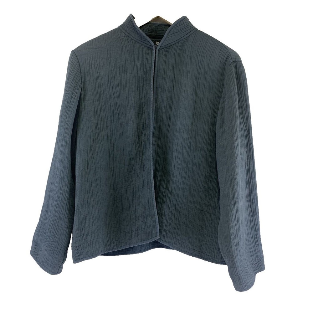 Eileen Fisher Textured Jacket Rayon Silk Blue Gray High Collar Womens Medium